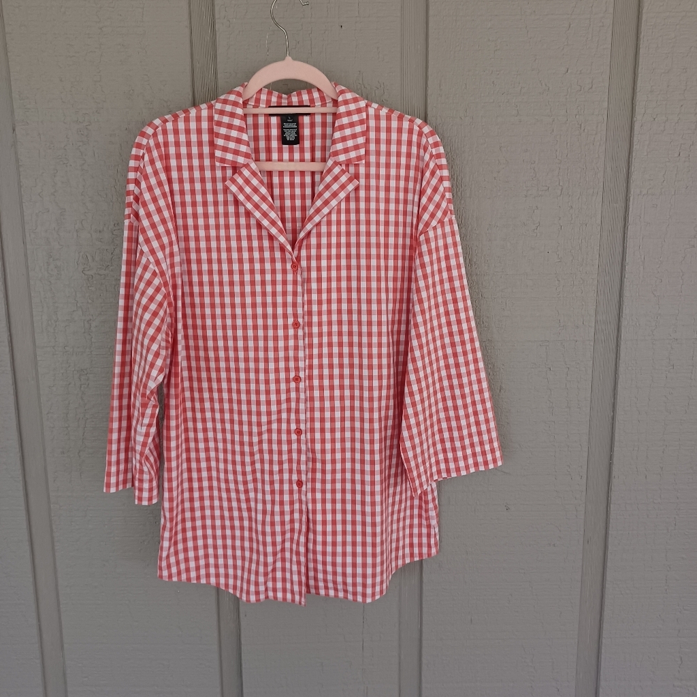 Lafayette 148 Gingham Shirt Size L Women Cotton Blend Three Quarter Sleeve